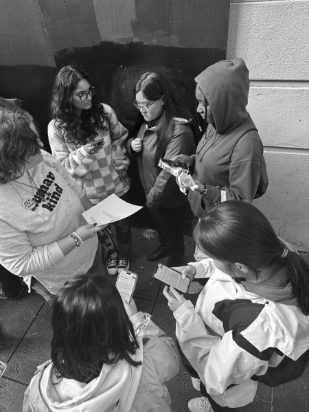 Students who attended the San Francisco field trip gather around while sharing their notes about the historical sites they visited. Students visited the American Civil Liberties Union, Martin Luther King, Jr.’s Memorial, George Mascone Center and the police department.