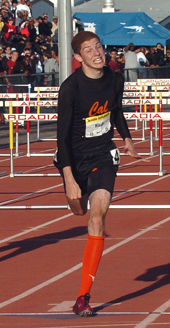 David Klech runs the 110m hurdles at the 38th Arcadia Invitational track meet in 2005.