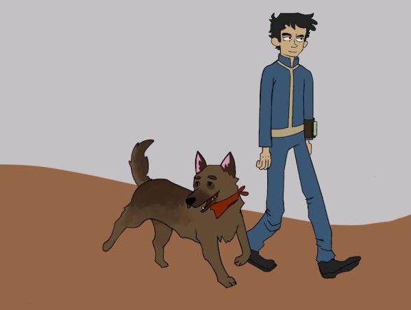 The unnamed protagonist of Fallout 4 ventures through the wasteland with his dog, Dogmeat, in tow.