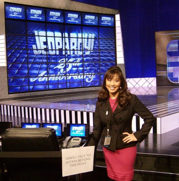 Former Cal student Kelly Miyahara gives contestants clues on the “Jeopardy!” show. 