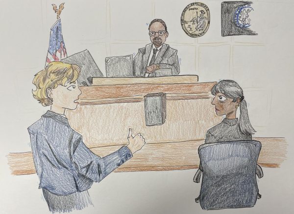 Californian graphics editor Gina Germano attended the State Finals with Cal's mock trial team. She drew a scene from a trial as part of the courtroom artist competition.