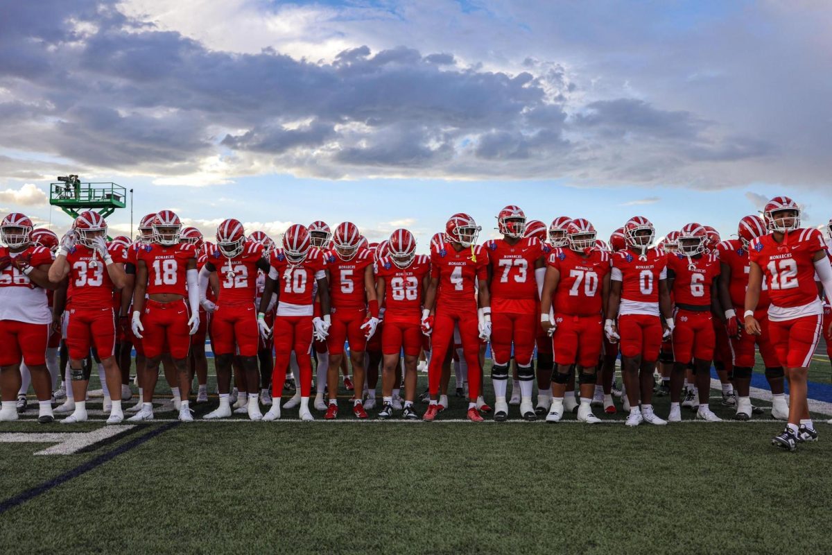 The Mater Dei football team poses in their stadium, which costs nearly $20 million to build. The Santa Ana team is the top-ranked high school football team in the country. 