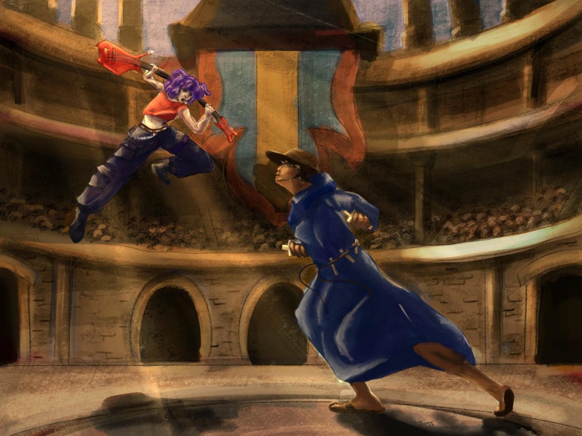 Showcard Gothic and Viner Hand face off in the Coliseum with unorthodox weapons.