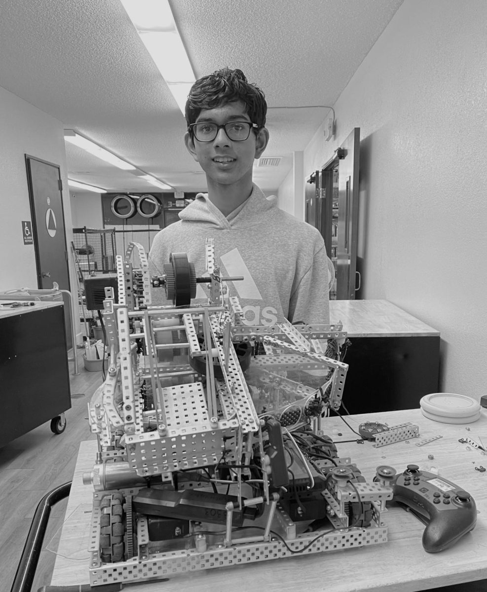 Junior Sayansh Gupta presents the VEX robot he built with his team for a robotics competition. He has attended many in the past, including the Maine Lobstah Bowl Signature Event.