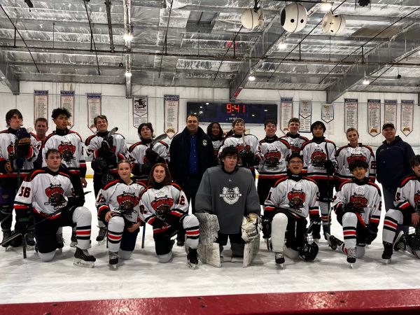Cal High’s hockey team poses for a group photo at Dublin Iceland after a 10-8 win over their longtime rivals San Ramon Valley. The team went 2-6 this season, but many of their players are underclassmen and look to compete again next season. 