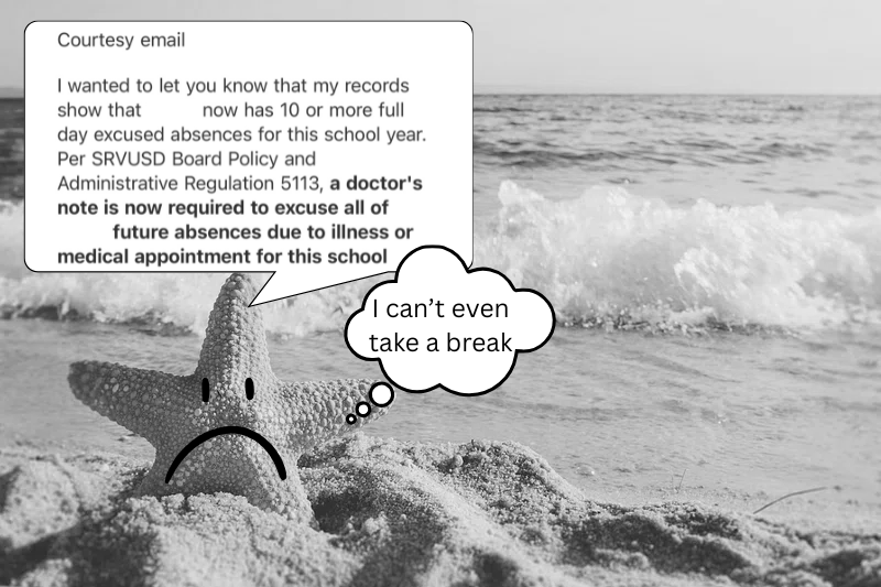 A starfish taking a day off at the beach is notified that they’ve run out of excused absences.