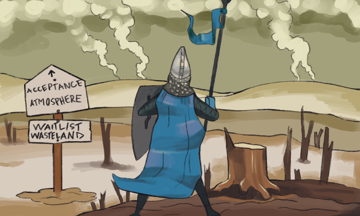 A knight stands stuck in the realm of the waitlist wasteland unable to move toward the acceptance atmosphere ahead.