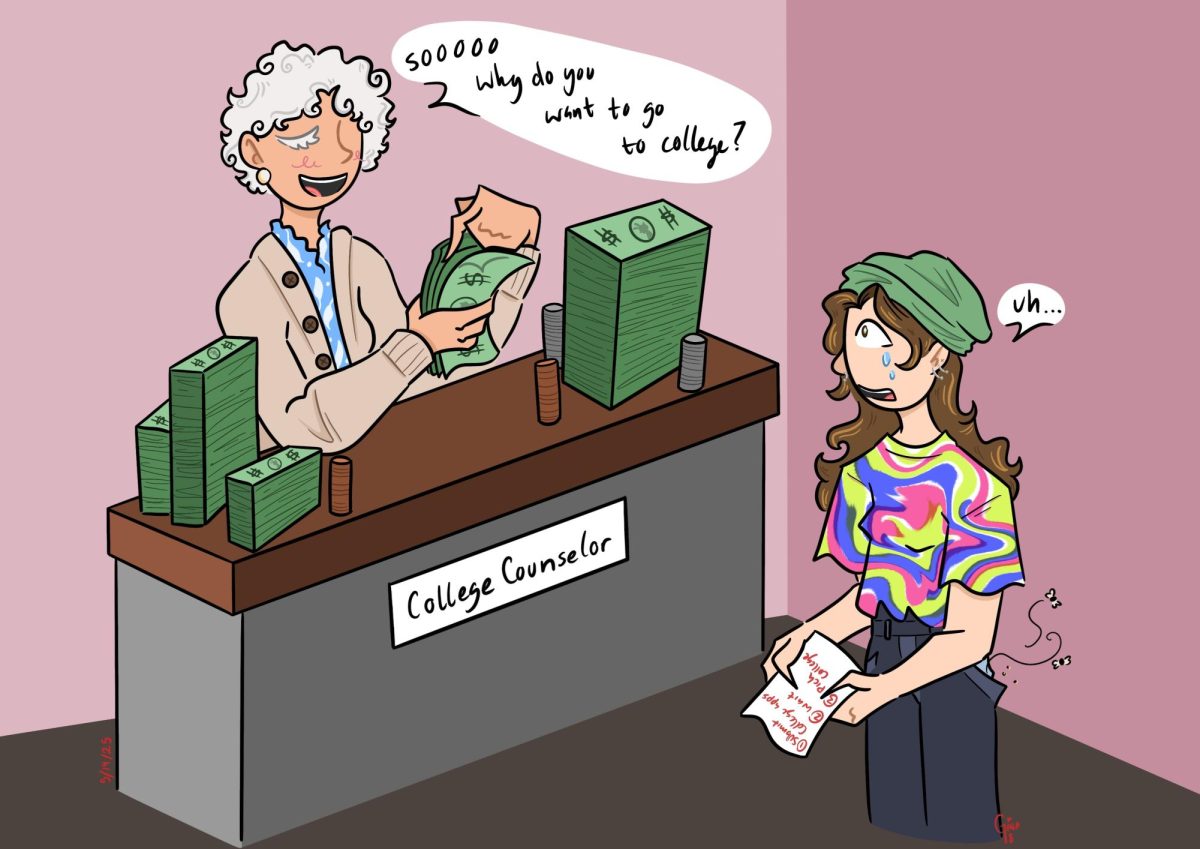 A private college counselor admires her freshly earned stack of cash while sitting back and relaxing. She provides minimal help to her student, who reaps no benefits from her aid.