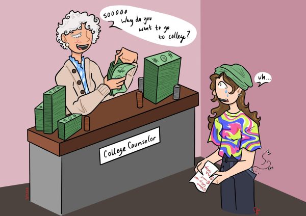 A private college counselor admires her freshly earned stack of cash while sitting back and relaxing. She provides minimal help to her student, who reaps no benefits from her aid.