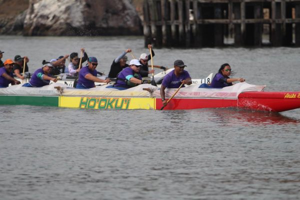 Cal High junior Liana Dungca, pictured in the front of the outrigger, helps lead the Ho’oku’i team to the finish line of a racing event. Dungca also races with the dragon boat team Lightwave, which the NorCal International Festival last month.
