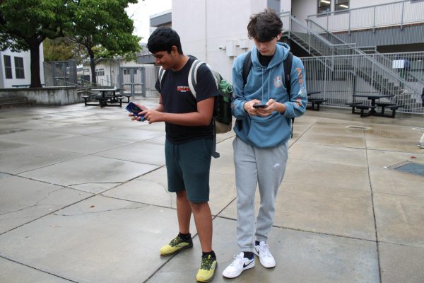 Sophomore Nirav Padubidri, left, and sophomore Caleb Tung scroll through their phones, waiting to be influenced to buy more things.