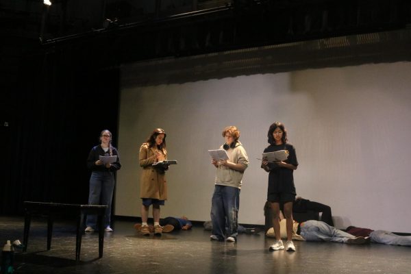 From left to right, junior Talia Campbell and seniors Malakai Sokolova and Gia Bhatt rehearse for their upcoming play, “Trap”, which is the theater class's first performance of the year.  The play tells a story about a mystery taking place in a small California town and will be performed at the Cal High Theatre from Oct. 29-30 at 7 p.m.