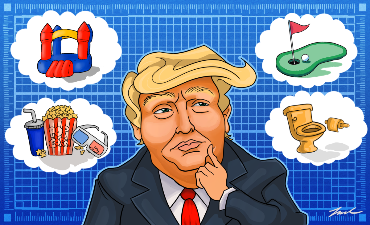 President Donald Trump brainstorms some possible ideas for what could replace the White House’s East Wing. His wacky ideas include an inflatable bouncy house, an at-home movie theater with a popcorn stand, a large golf course and a luxury restroom made of real gold. 