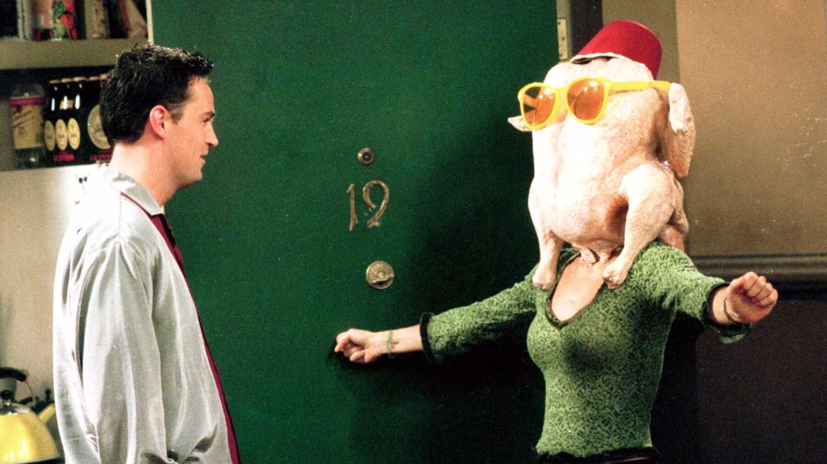 Monica from th“Friends” surprises Chandler by wearing a turkey on her head during one of the hit show’s Thanksgiving episodes. “Friends” has had several classic Thanksgiving episodes.