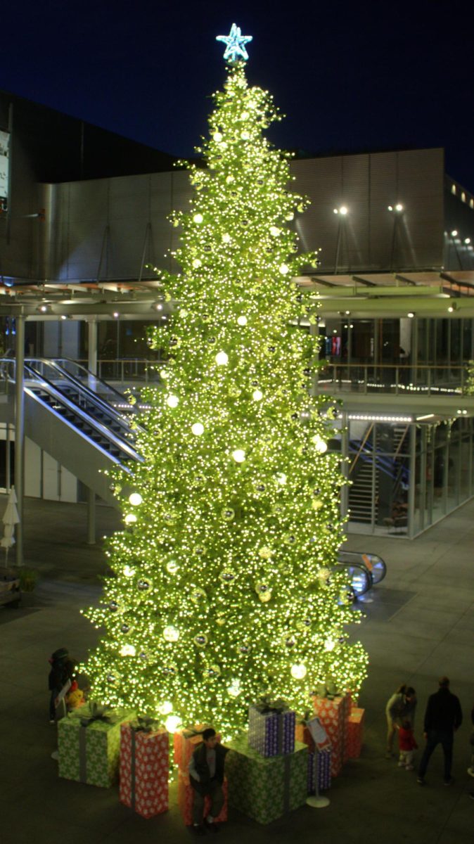 People hanging around the Christmas tree at Bishop Ranch City Center. A tradition with many is to see the tree light up.