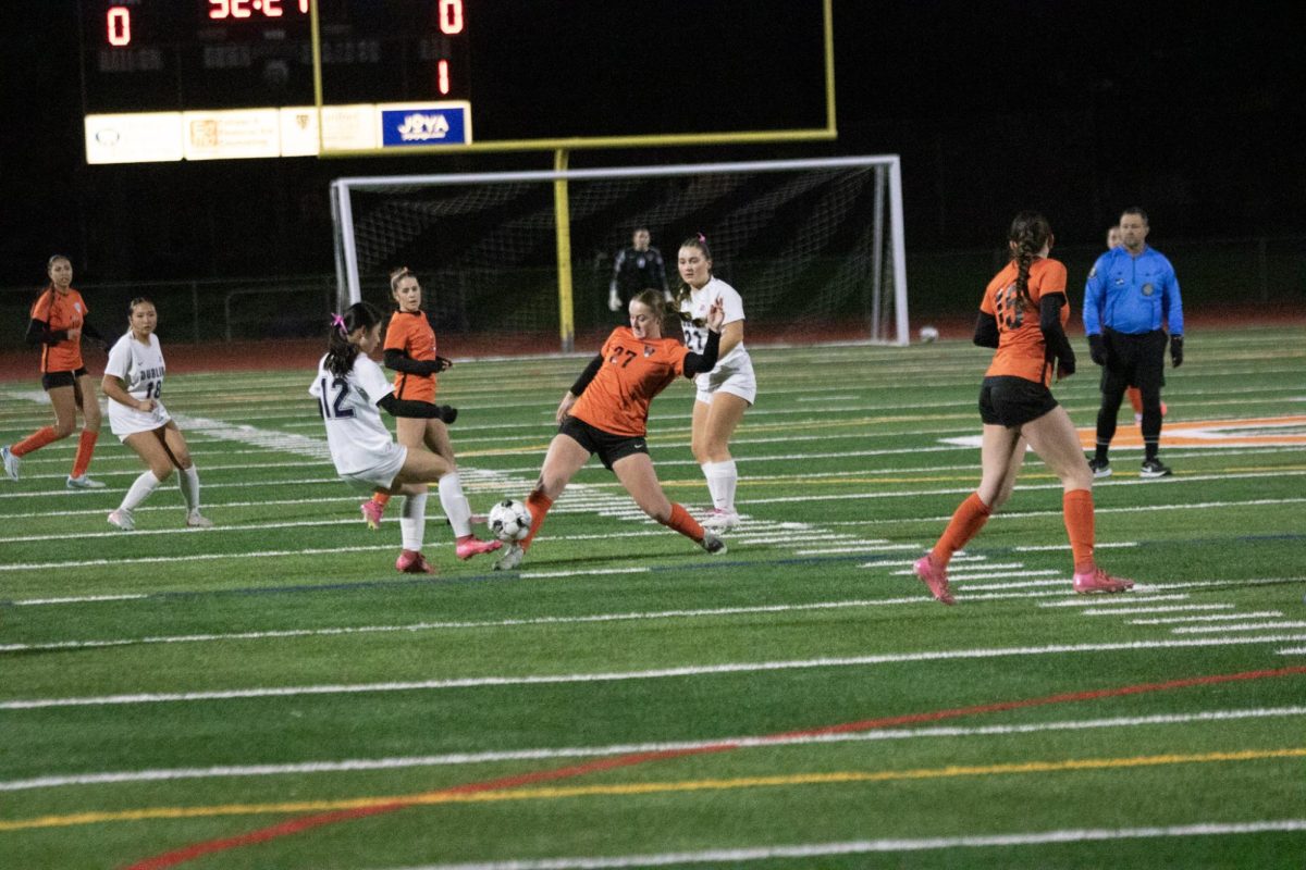 Senior Hayley Hamilton (27) fights for possession over the ball against Dublin High player during a home game on Jan 8. Cal won 2-0 to extend its winning streak to six games.