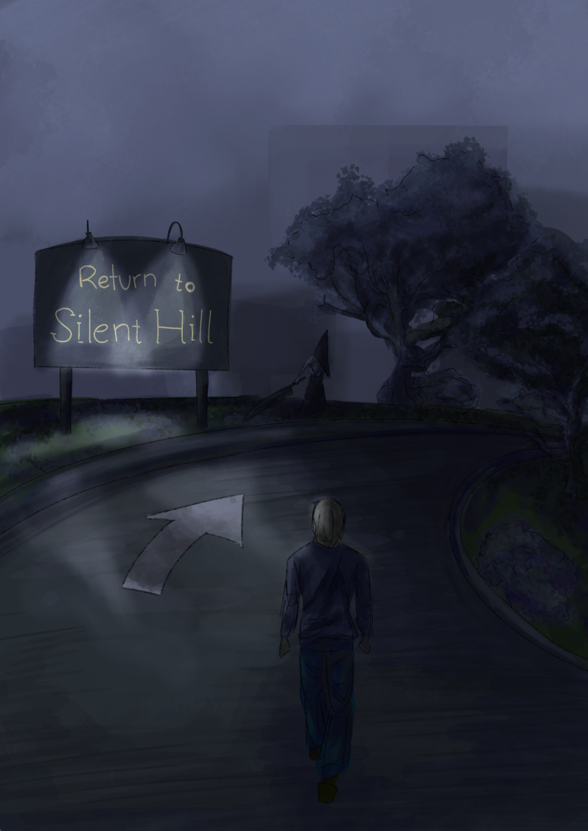 The third movie in the Silent Hill trilogy, Return to Silent Hill’s main character James Sunderland walking down the road into the eerie town of Silent Hill surrounded by thick fog full of ghosts, and monsters lurking in the darkness.