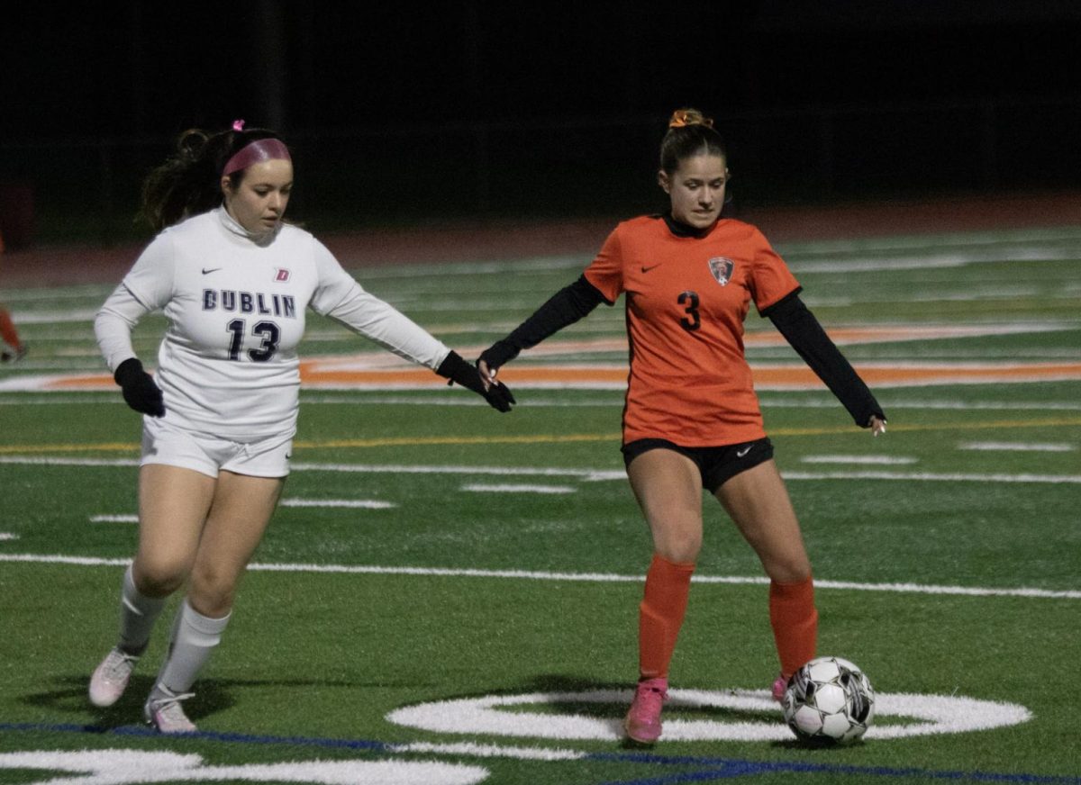 During a heated match against the Dublin High Gaels, Cal High junior midfielder Madison Tierney shields the ball away from a Dublin defender. Cal High won the game 2-0. The Grizzlies are 12-4-1 this season, good enough for second place in the EBAL.
