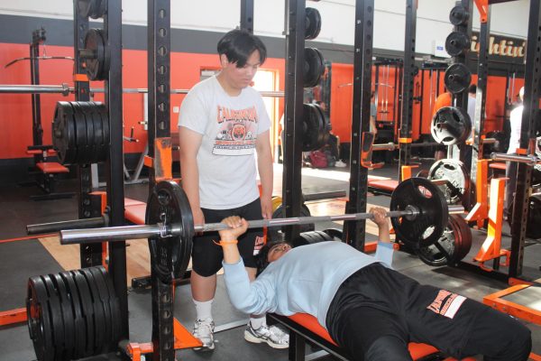 Sophomore Edison Tam, standing, helps spot sophomore Vikram Nori as he bench presses in the weight room. Students don’t want the weights class to get larger because it would limit the availability of machines and exercise equipment.