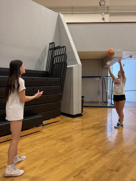 Freshmen Lucy Ydse, left, and Remi Stiner play volleyball in Lana Shotwell-Hamilton’s PE class. If enough students sign the petition, students will have a unit on self-defense.