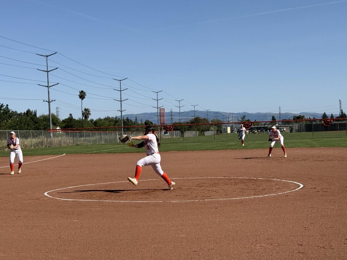 Junior pitcher Gabriella Nudo winds up to throw a nasty fastball during Cal’s 19-0 victory over Dougherty Valley.