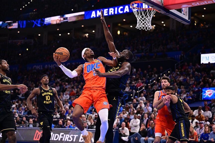 Oklahoma City Thunder guard Shai Gilgeous-Alexander goes for a contested shot against the Warriors on March 7. The Thunder swept Phoenix 4-0 in their first round matchup.